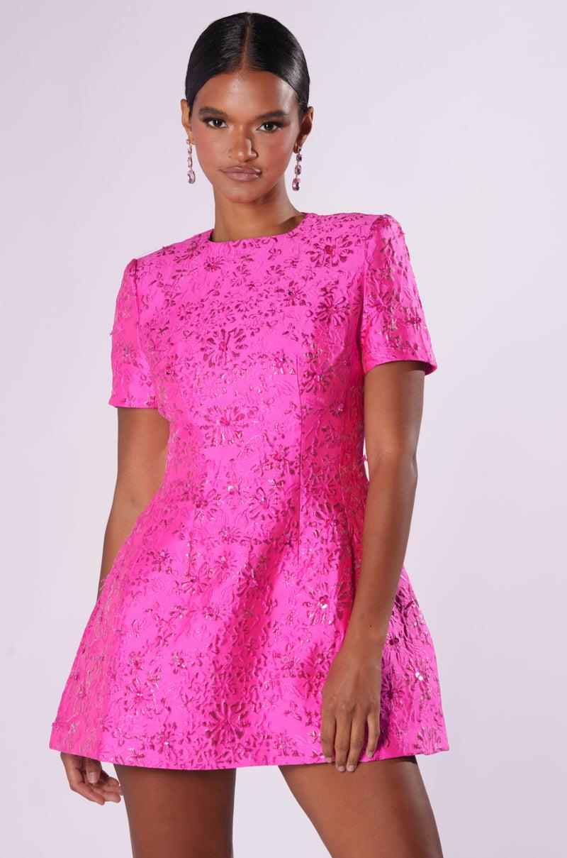 PRETTY IN PINK BROCADE BEADED MINI DRESS Product Image