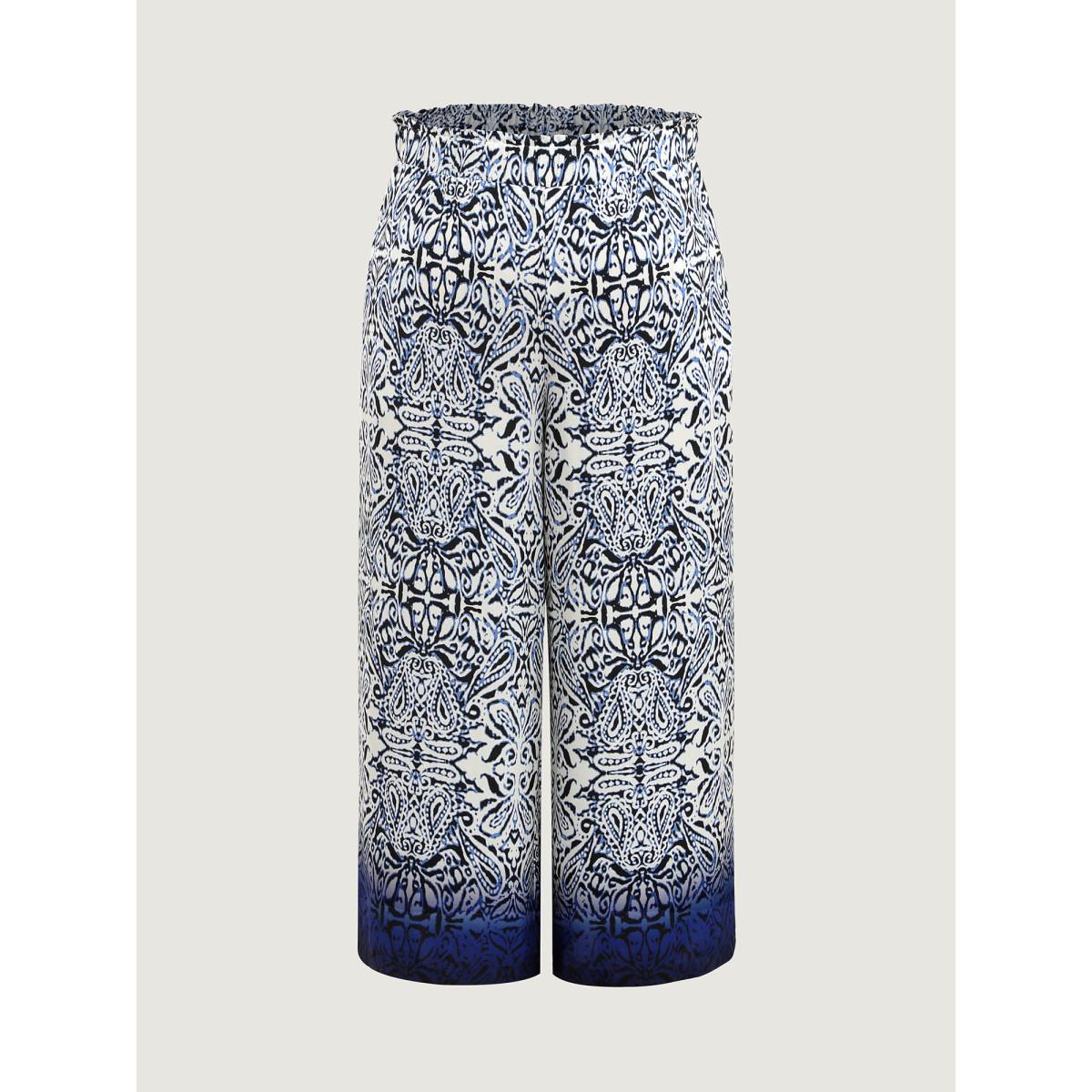 Plus Size Abstract Floral Print Shirred Wide-Leg Pants Women Indigo Resort Wide Leg Mid Rise Vacation Pants BloomChic 26/4X Product Image