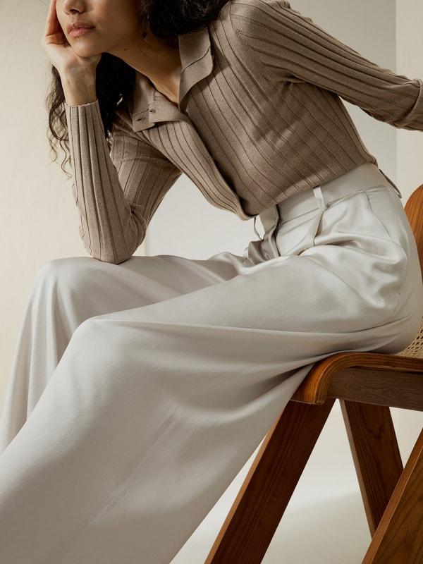 High-Waisted Wide Leg Dense Silk Pants Product Image