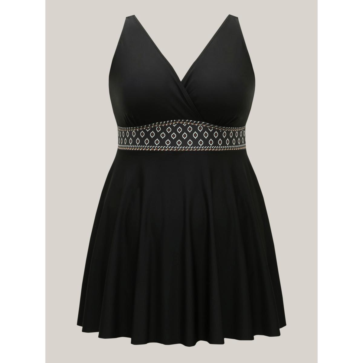 Plus Size Shell Embroidered Surplice Neck Swim Dress Women's Swimwear Black Beach Bodycon Overlap Collar High stretch Curve Swim Dresses BloomChic 18-20/2X Product Image