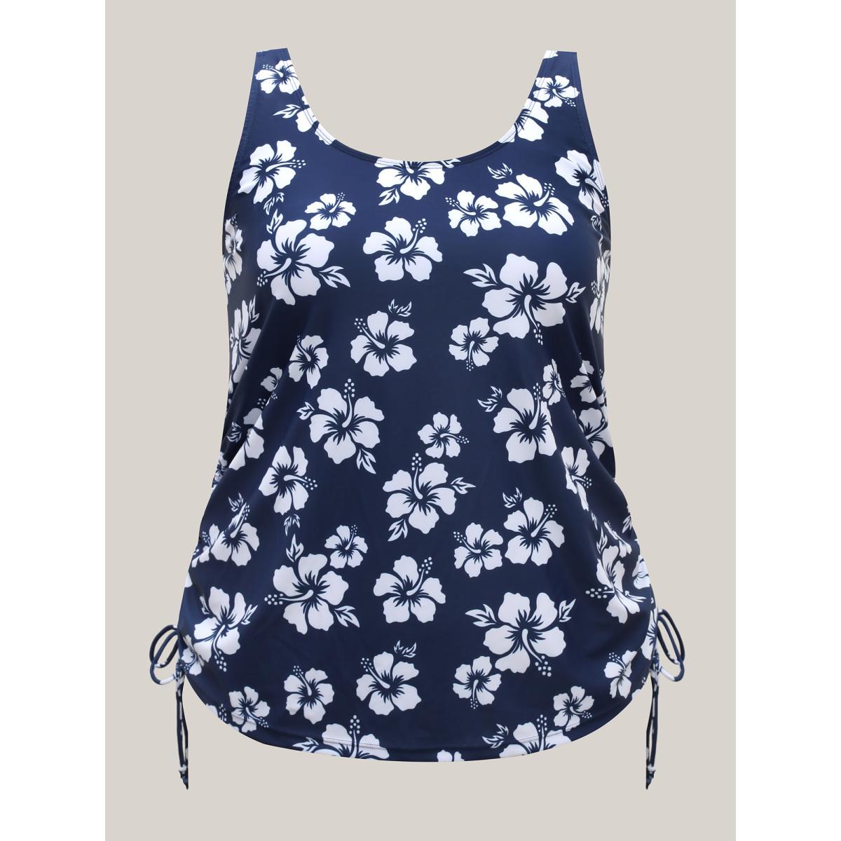 Plus Size Floral Print Adjustable Drawstring Swim Top Women's Swimwear Indigo Resort Drawstring High stretch Bodycon U-neck Curve Swim Tops BloomChic 30/6X Product Image