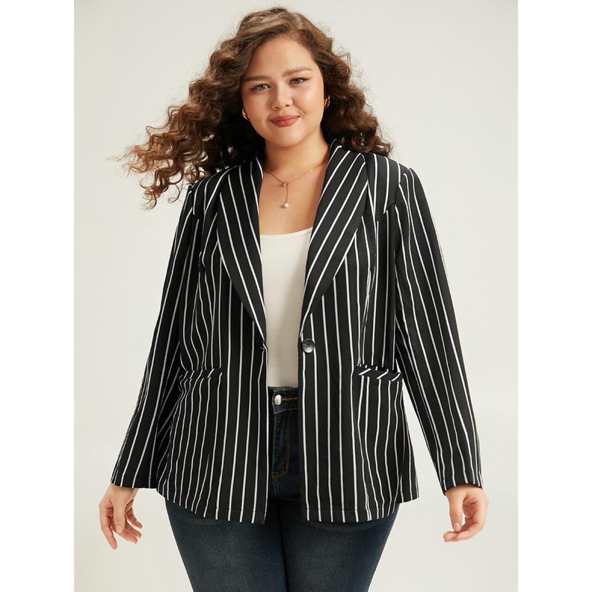Plus Size Striped Suit Collar Button Up Blazer Black Women Work Striped Contrast Sleeve Long Sleeve Suit Collar 12/L Pocket Casual Blazers BloomChic Product Image