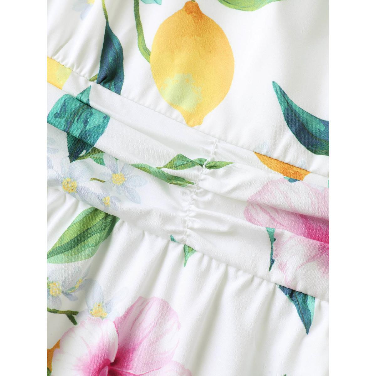 Plus Size Large Floral Pattern Pleated Waist Midi Dress WhiteSmoke Women Halter neck Sleeveless Curvy BloomChic 26/4X Product Image