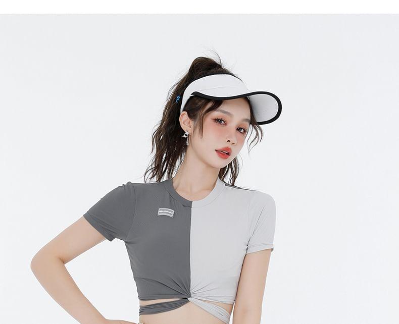 Set: Short-Sleeve Two Tone Knot Crop Swim Top + Skirt + Bikini Bottom Product Image