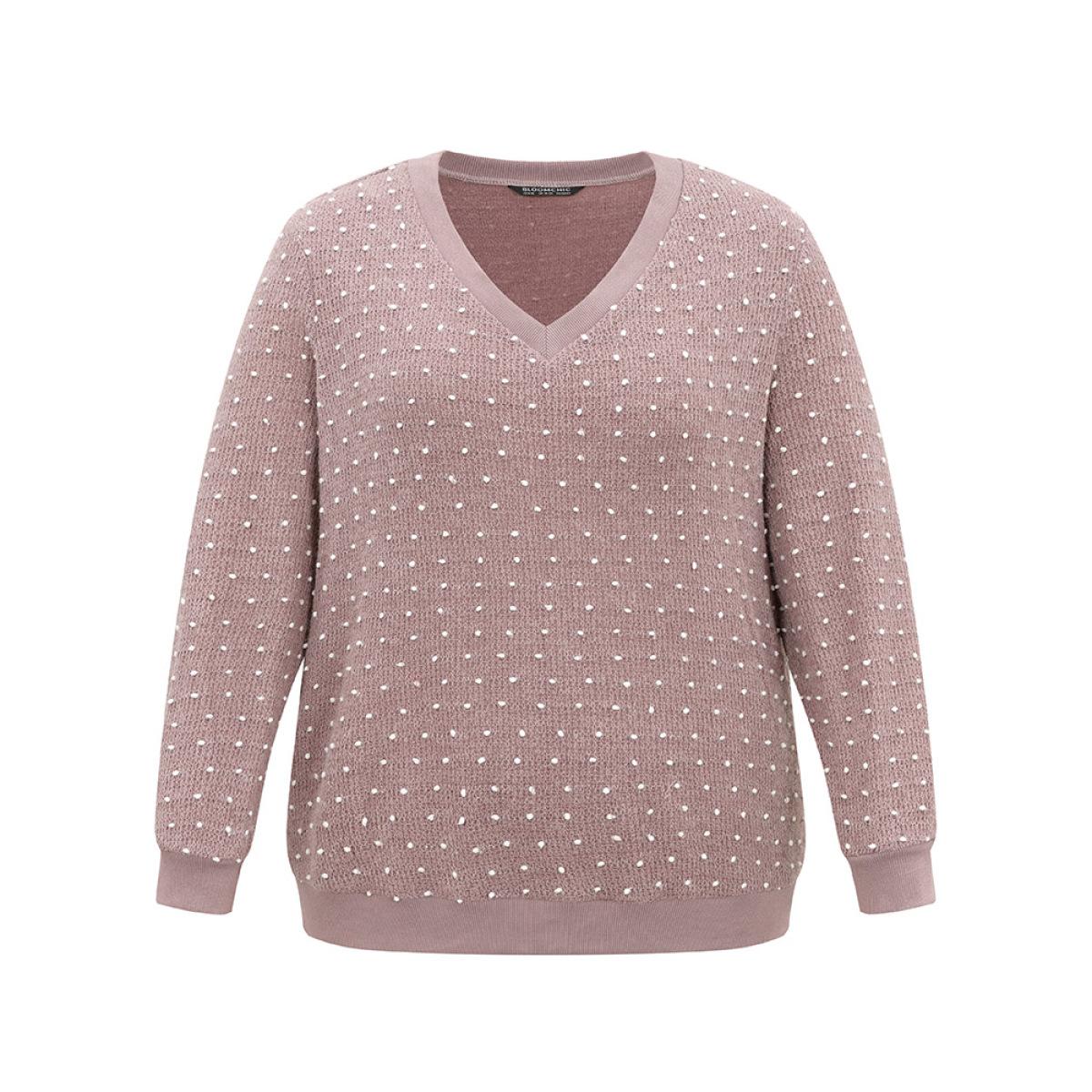 Plus Size Polka Dot Textured V Neck Rib Knit Sweatshirt Women Mauve Casual Rib Knit V-neck Dailywear Sweatshirts BloomChic 22-24/3X Product Image