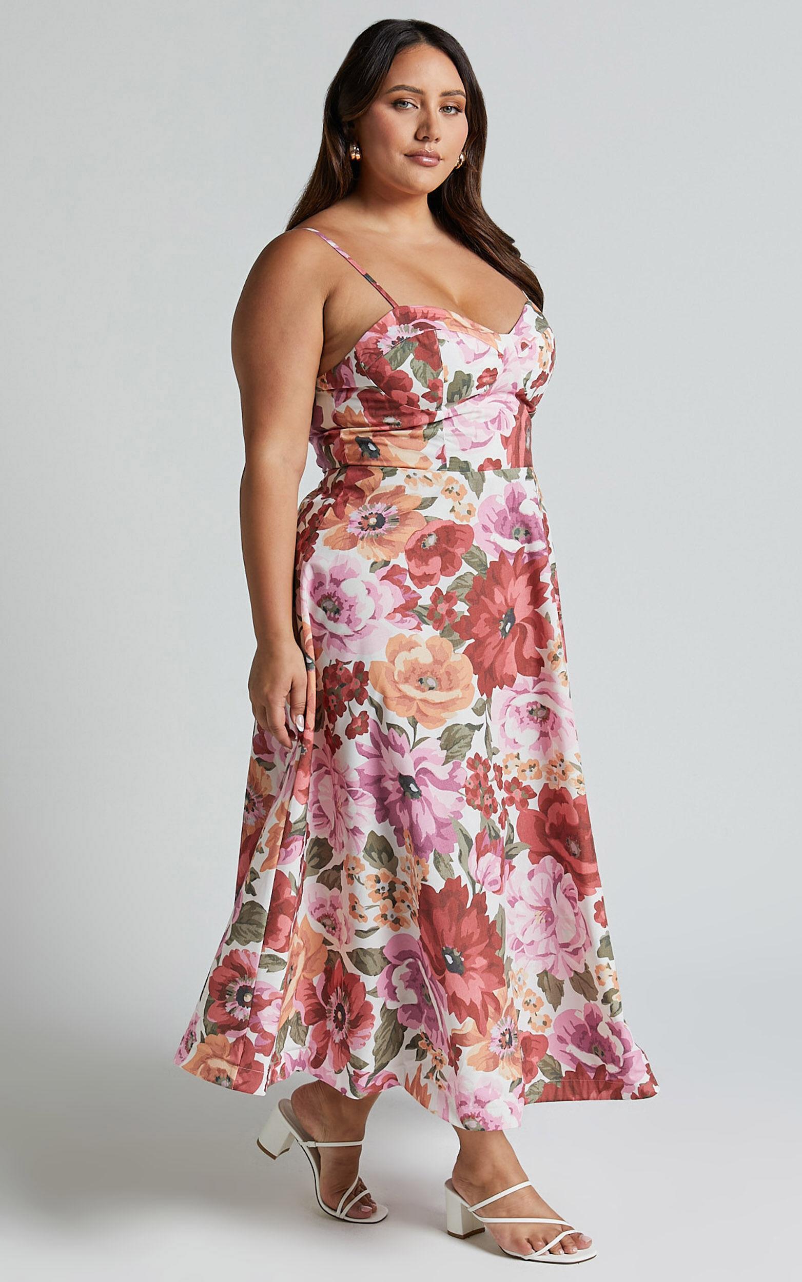 Robertson Midi Dress - Strappy Sweetheart Bustier Flare Dress in Spring Floral Product Image