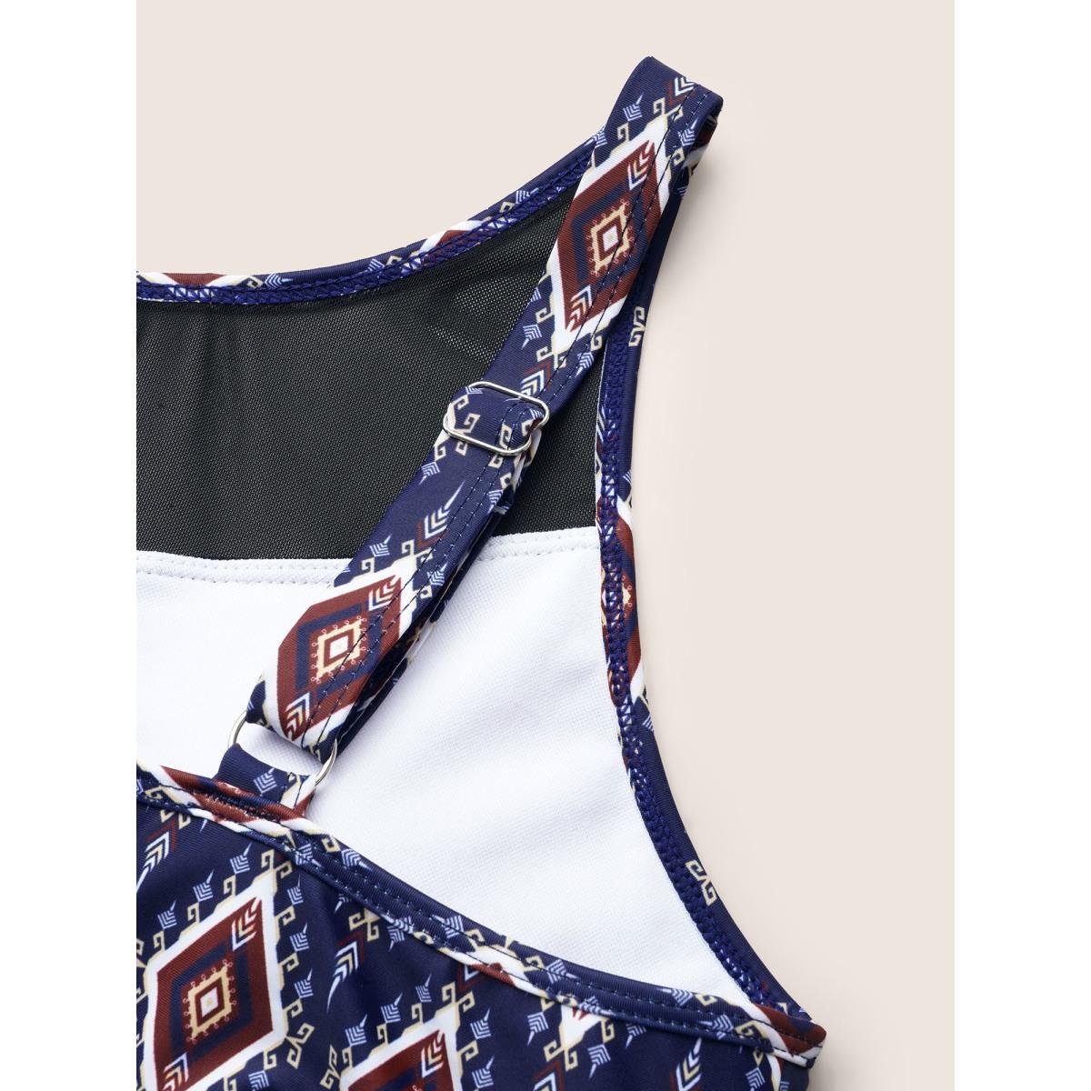 Plus Size Boho Print Twist Front Patchwork Mesh Swim Top Women's Swimwear Indigo Beach Twist High stretch Bodycon Round Neck Curve Swim Tops BloomChic 28/5X Product Image