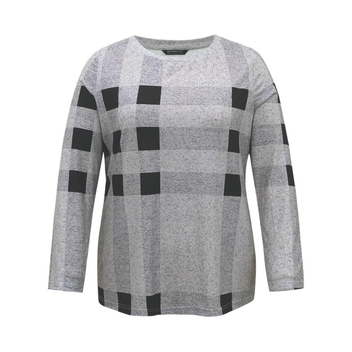 Plus Size Plaid Print Contrast Round Neck T-shirt LightGray Women Casual Contrast Plaid Round Neck Everyday T-shirts BloomChic 18-20/2X Product Image