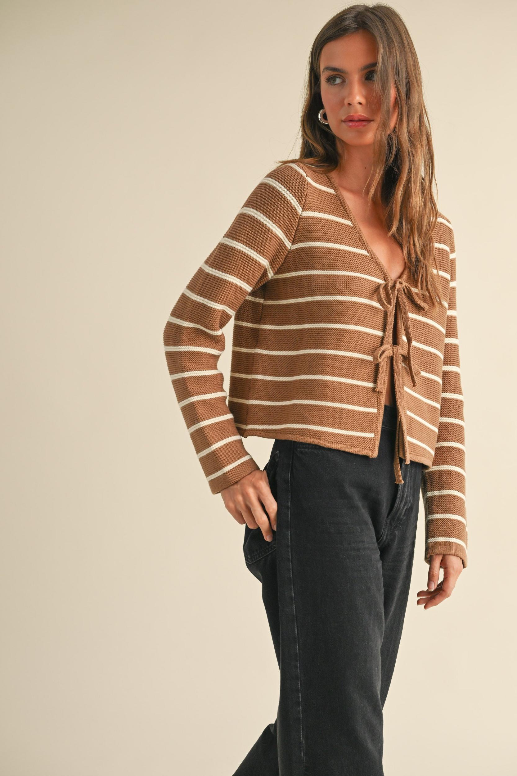 Striped Tie Front Knit Cardigan Product Image