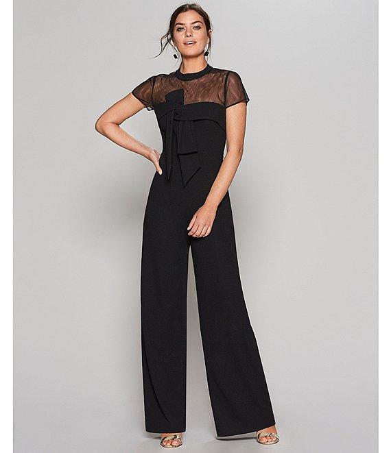 JS Collections Illusion Mock Neck Bow Front Short Sleeve Wide Leg Crepe Jumpsuit Product Image