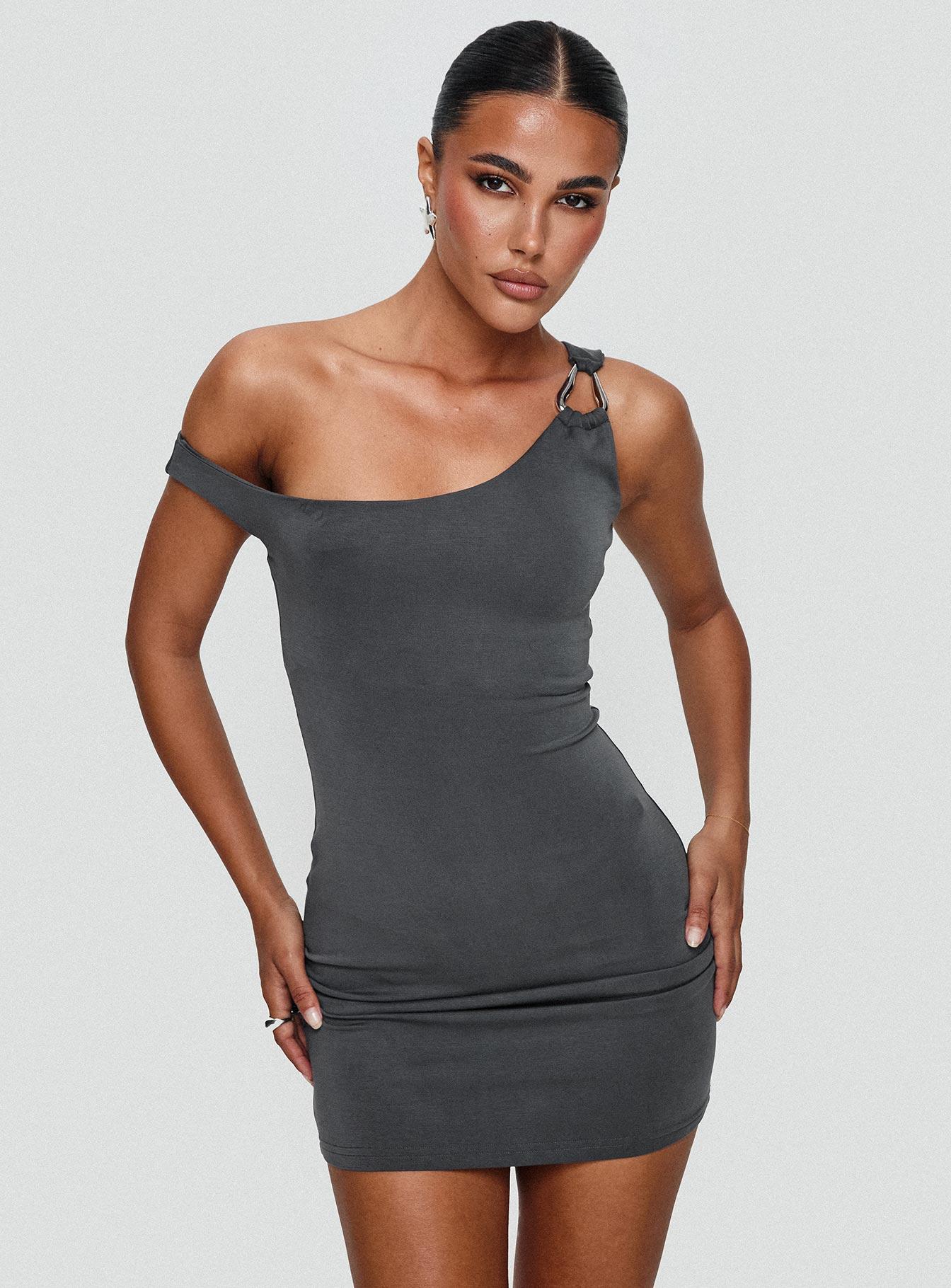 True Desires One Shoulder Mini Dress Grey Product Image