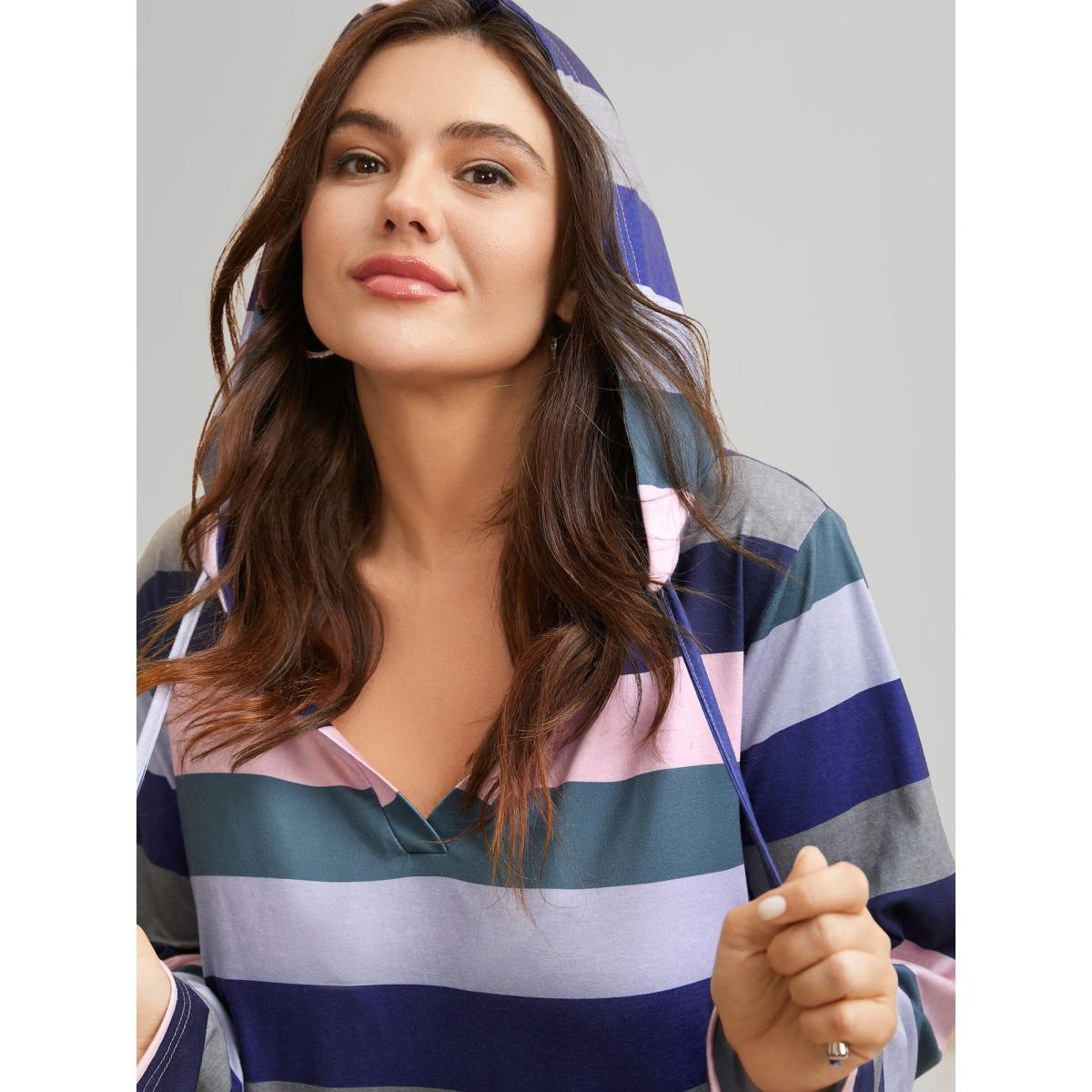 Plus Size Contrast Striped Hooded Drawstring T-shirt Multicolor Women Casual Drawstring Hooded Everyday T-shirts BloomChic 12/L Product Image