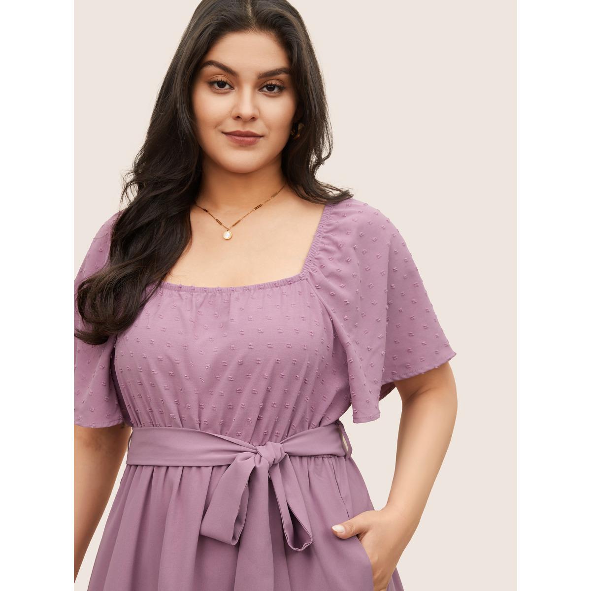 Plus Size Plain Textured Ruffle Layered Hem Belted Dress Lilac Women Elegant Non Square Neck Short sleeve Curvy Midi Dress BloomChic 12/L Product Image