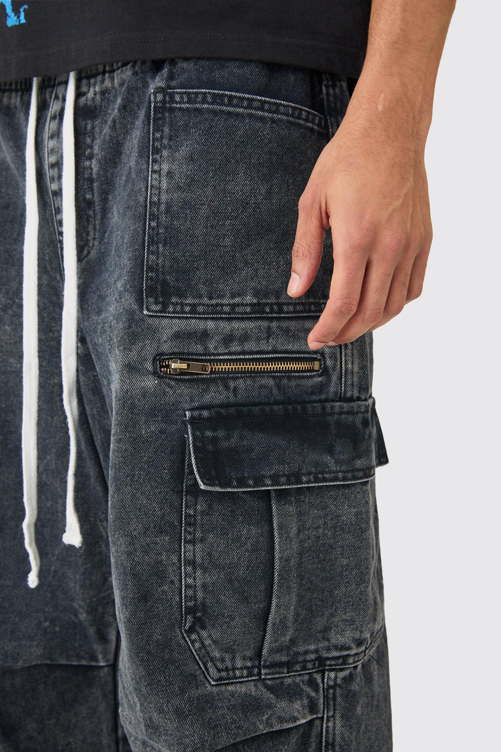 Elastic Waist Acid Wash Parachute Cargo Jeans In Black | boohooMAN USA Product Image