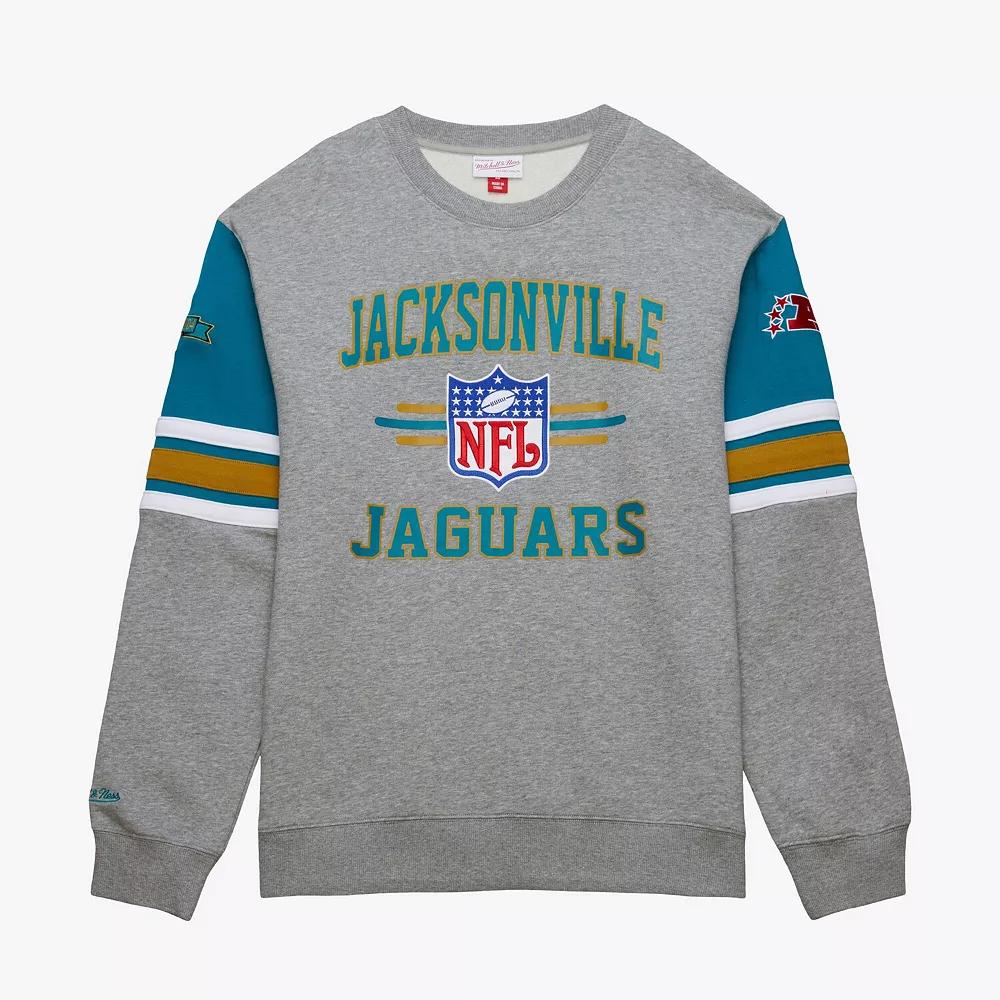 Men's Mitchell & Ness Heather Gray Jacksonville Jaguars All Over 4.0 Vintage Logo Pullover Sweatshirt, Size: 4XL, Grey Product Image