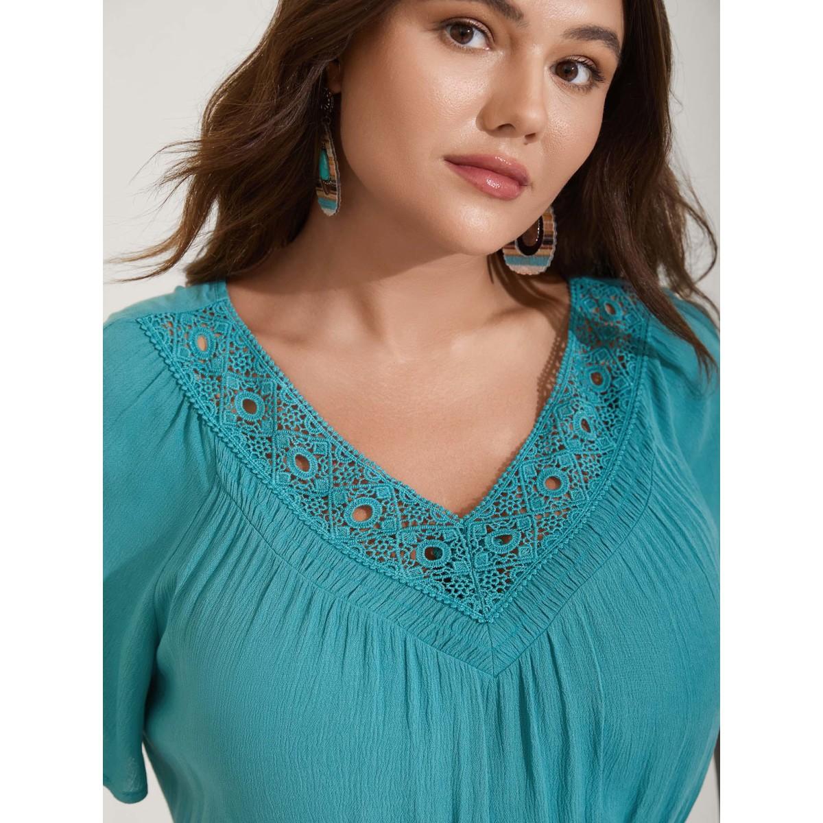 Plus Size Lace Neck Flared Sleeve Midi Dress Arctic Women V-neck Short sleeve Curvy BloomChic 18-20/2X Product Image