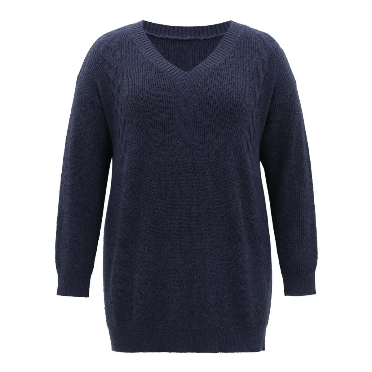 Plus Size Anti-Pilling Solid Cable Knit Button Detail Pullover Indigo Women Casual Loose Long Sleeve V-neck Dailywear Pullovers BloomChic 26/4X Product Image