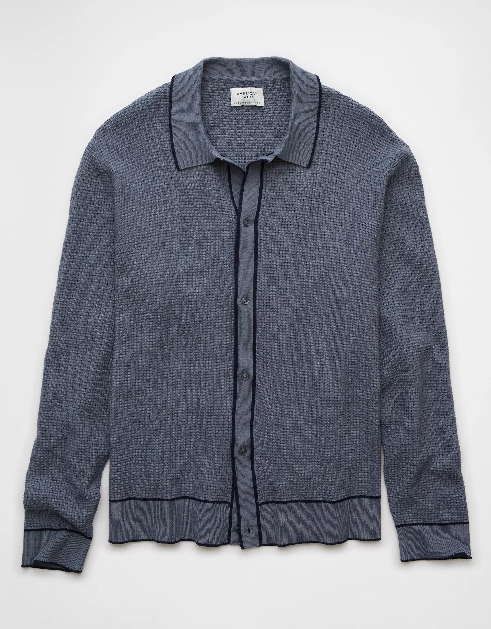 AE Long-Sleeve Tipped Waffle Sweater Polo Shirt Product Image