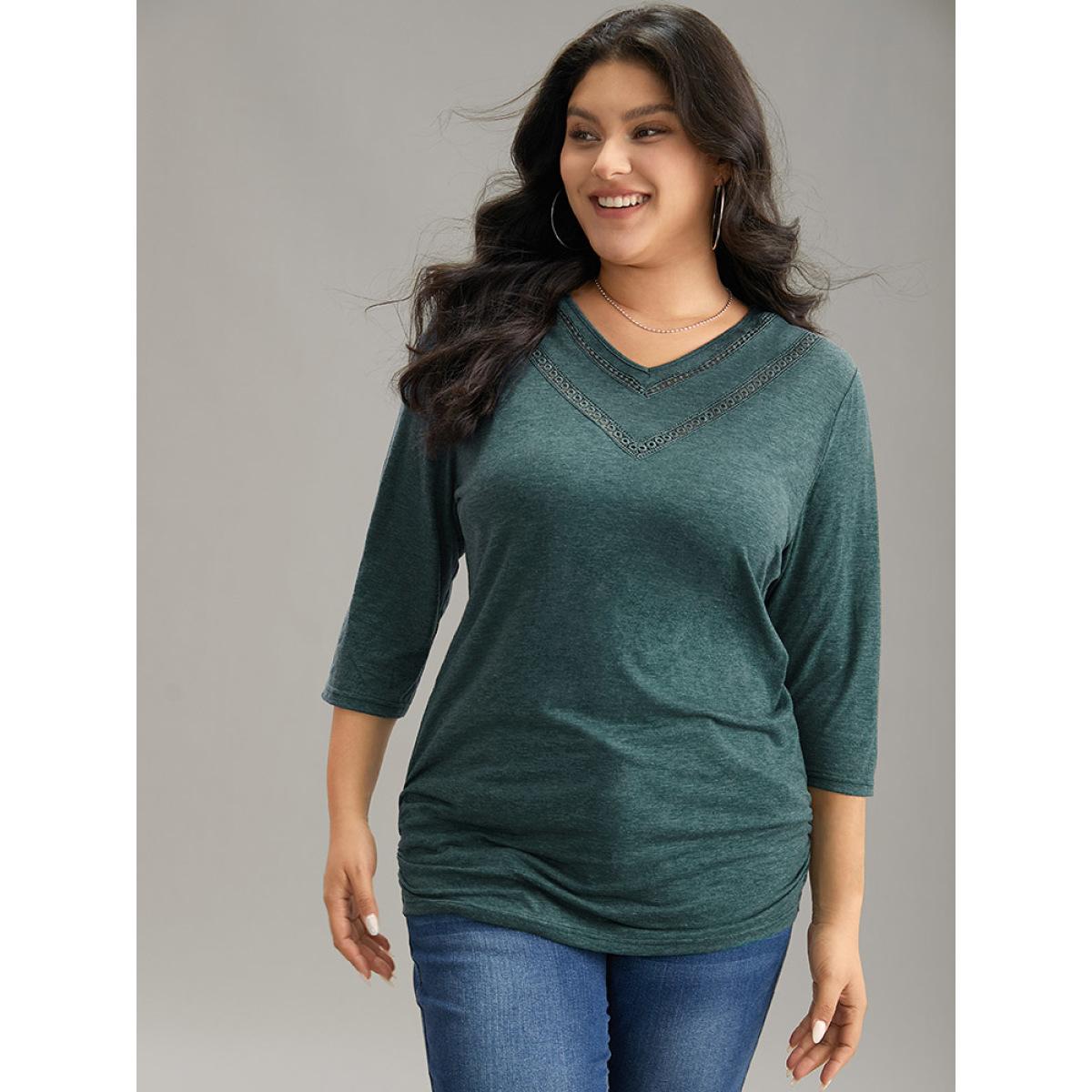 Plus Size Solid Gathered Contrast Lace V Neck T-shirt DarkGreen Women Elegant Gathered Plain V-neck Everyday T-shirts BloomChic 14-16/1X Product Image
