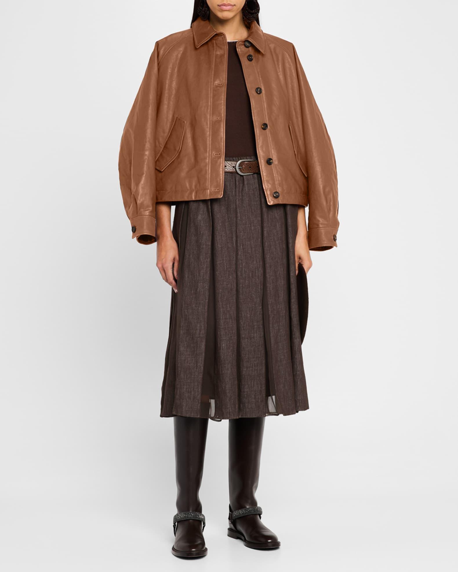 Pleated Denim Midi Skirt with Organza Panels Product Image