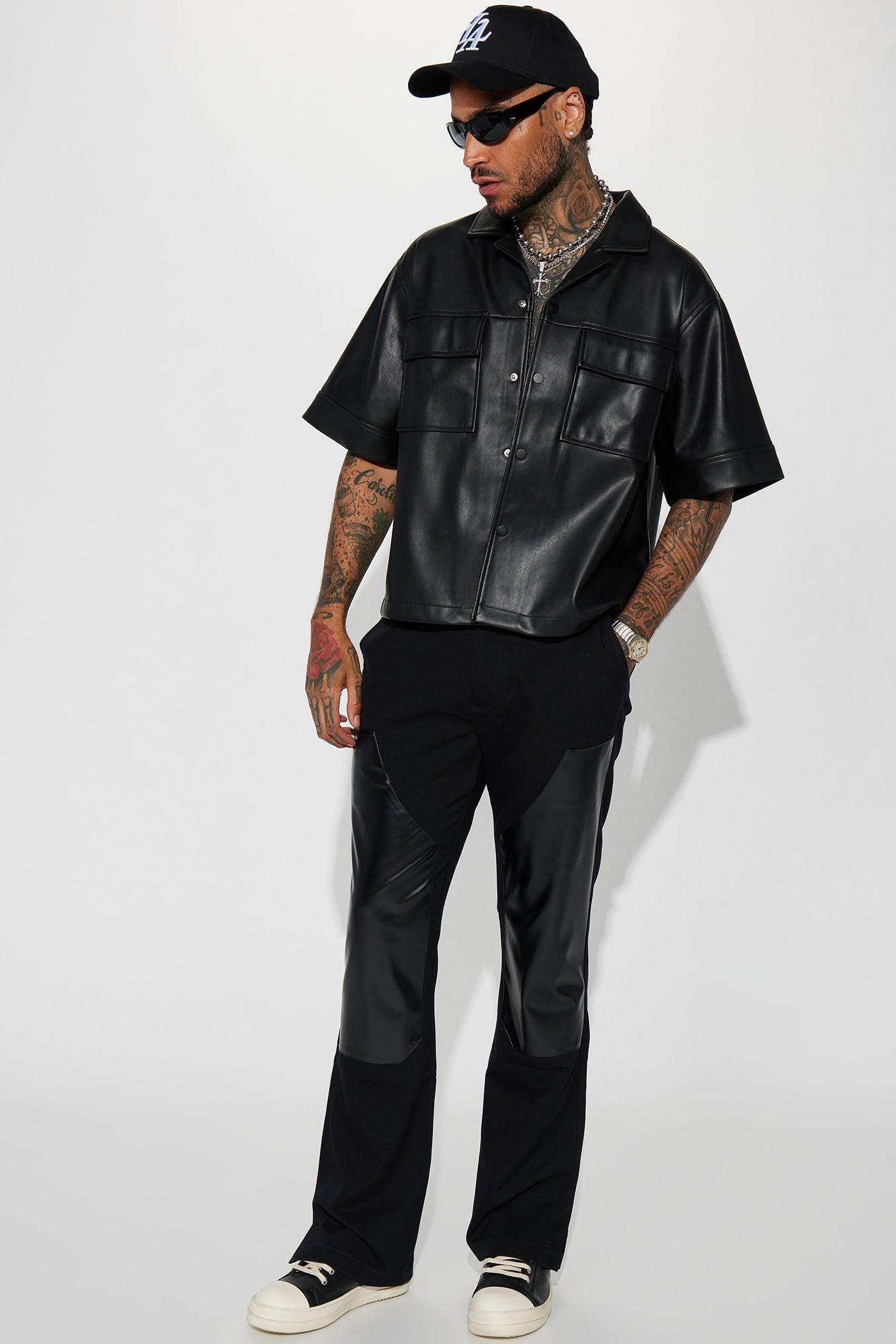 Cropped High Stepper Faux Leather Button Up Shirt - Black Product Image
