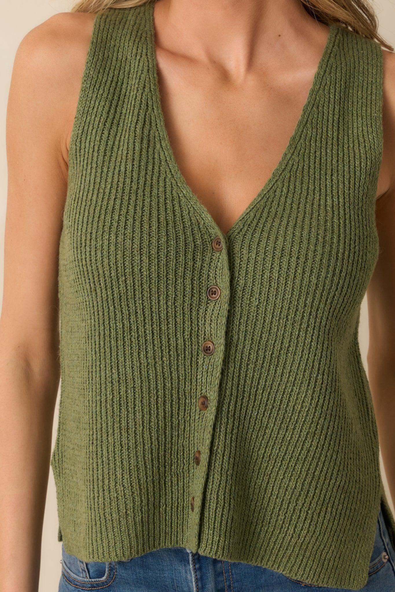 Trust Your Intuition Olive Green Button Front Sweater Vest L / Olive Green Product Image