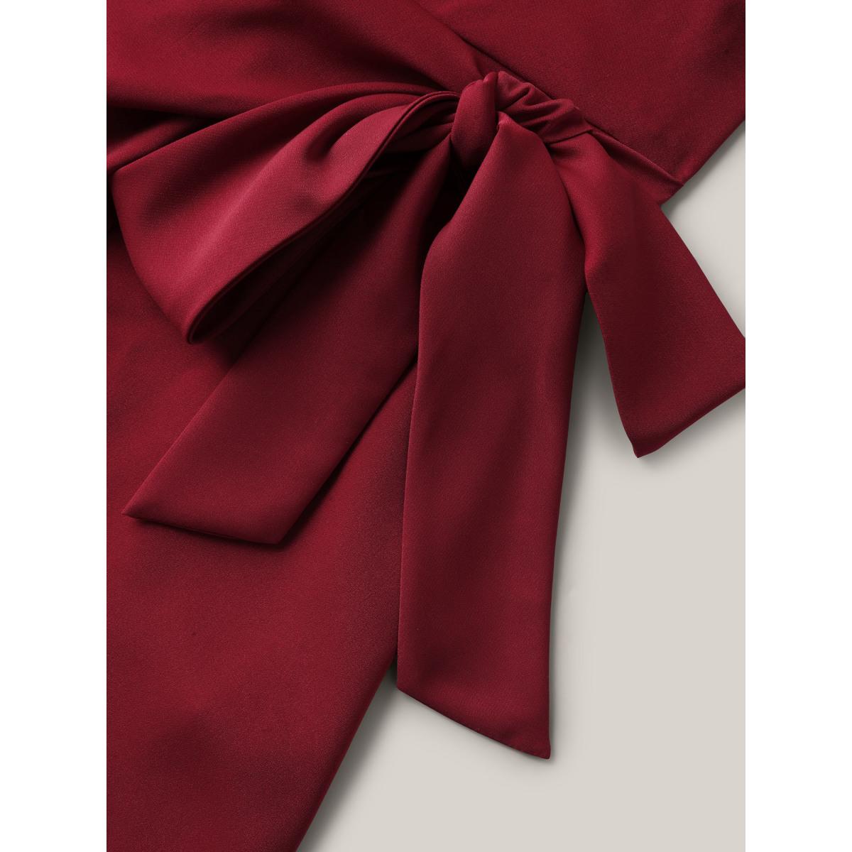 Plus Size Burgundy Side Knotted Collar Plain Shirt Women At the Office Short sleeve V-neck Work Blouses BloomChic 10/M Product Image