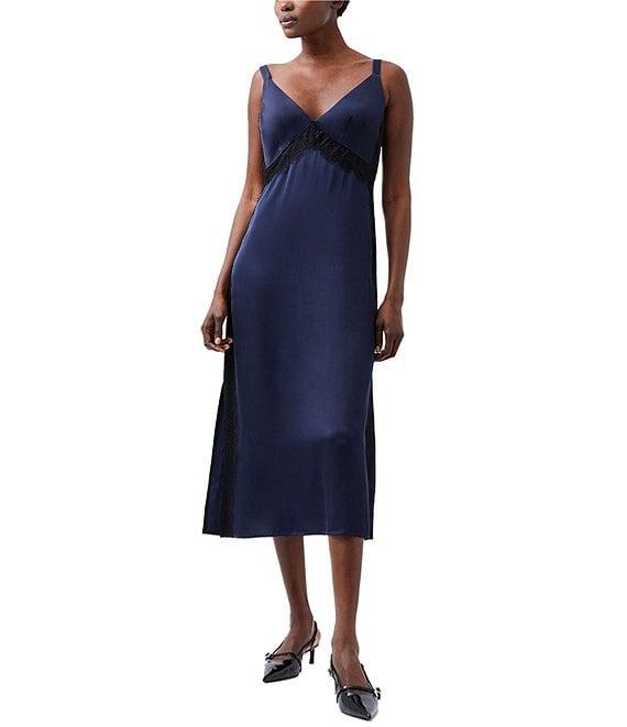 French Connection Ennis Satin V-Neck Sleeveless Lace Midi Dress Product Image