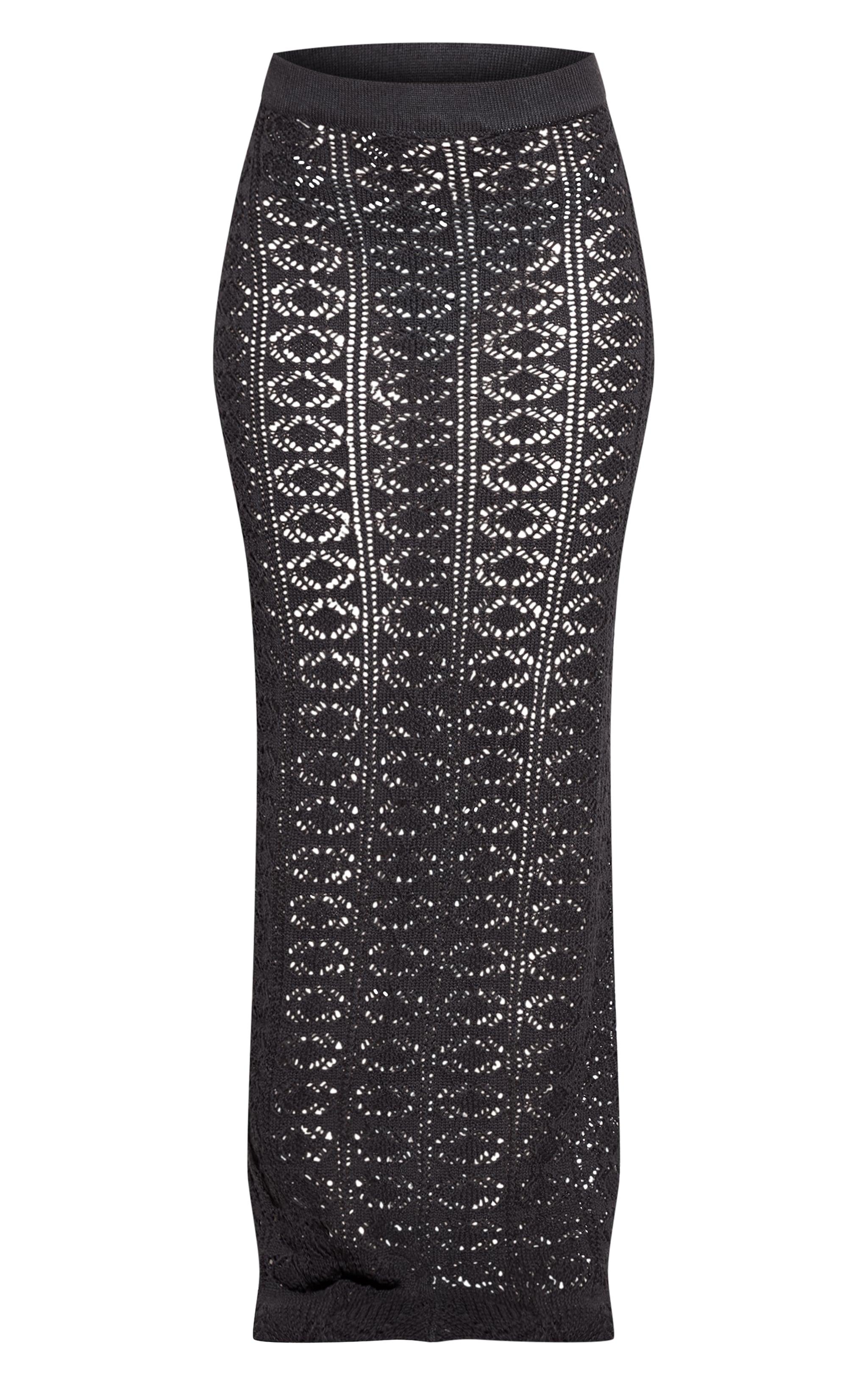 Black Crochet Plain Knit Maxi Skirt Product Image