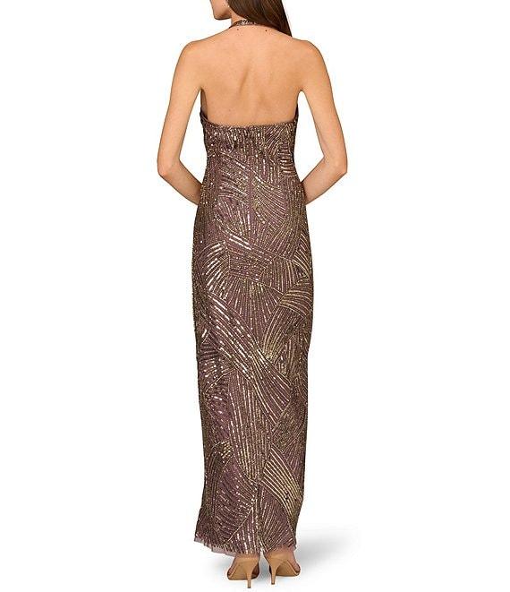 Aidan Mattox Beaded Mesh Halter Neck Sleeveless Front Slit Column Dress Product Image