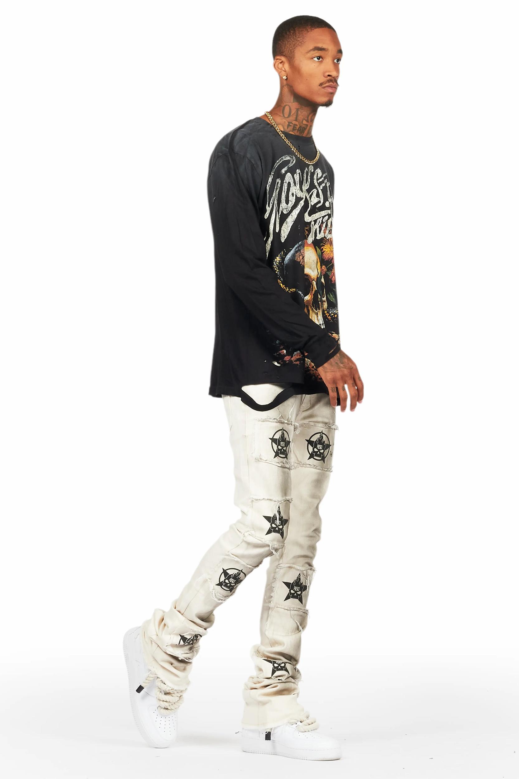 Dancho Beige Patchwork Super Stacked Flare Jean Male Product Image