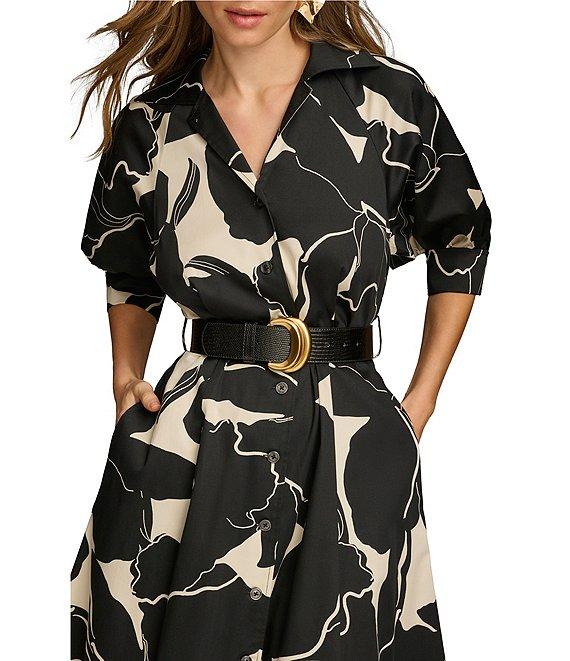 Donna Karan Printed 3/4 Sleeve Notch Collar Belted Side Pocket A-Line Midi Dress Product Image