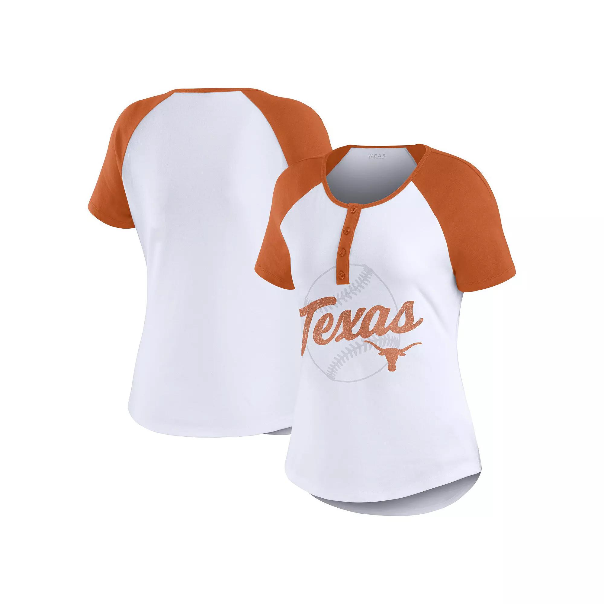 Women's WEAR by Erin Andrews White Texas Longhorns Baseball Logo Raglan Henley T-Shirt, Size: Medium Product Image