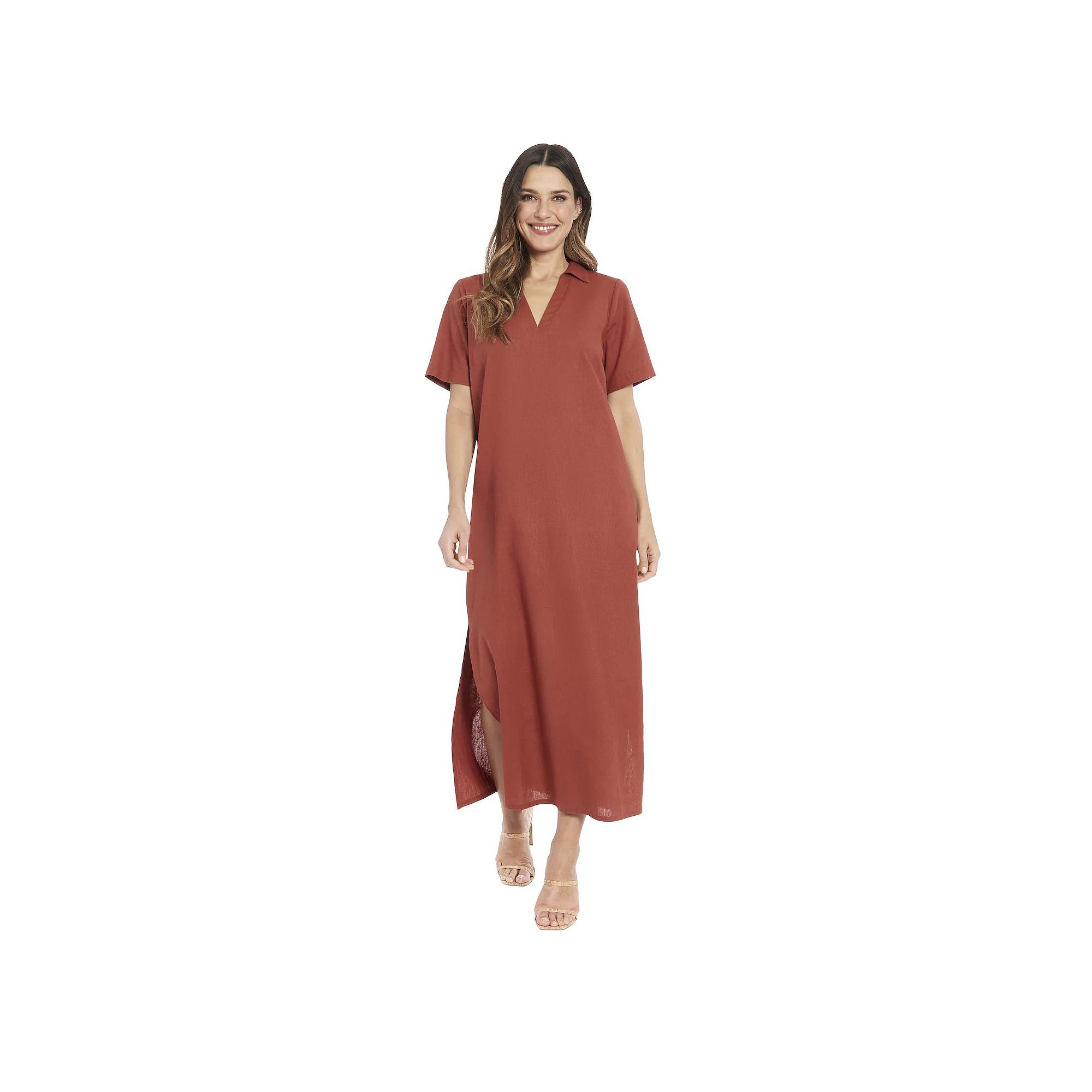 Women's London Times Short Sleeve Collared Popover Maxi Dress, Size: 8, Brown Product Image