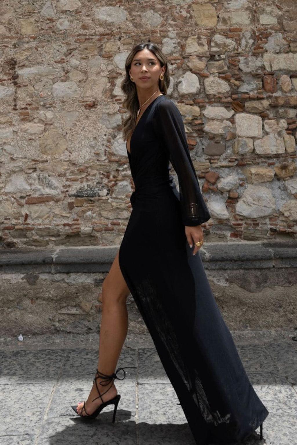 Bella Black Mesh Plunge Maxi Dress Product Image