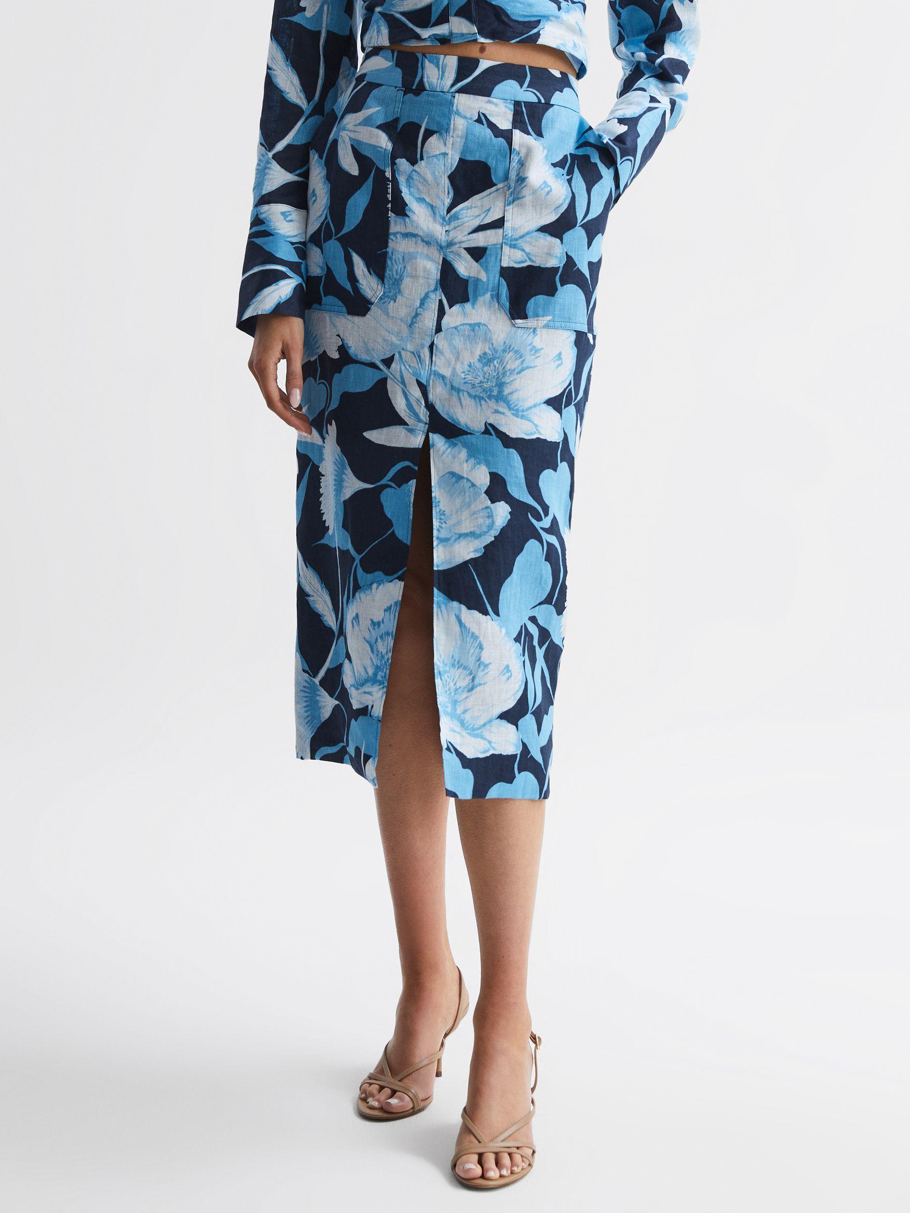 Floral Print High Rise Midi Skirt in Navy/Blue Product Image