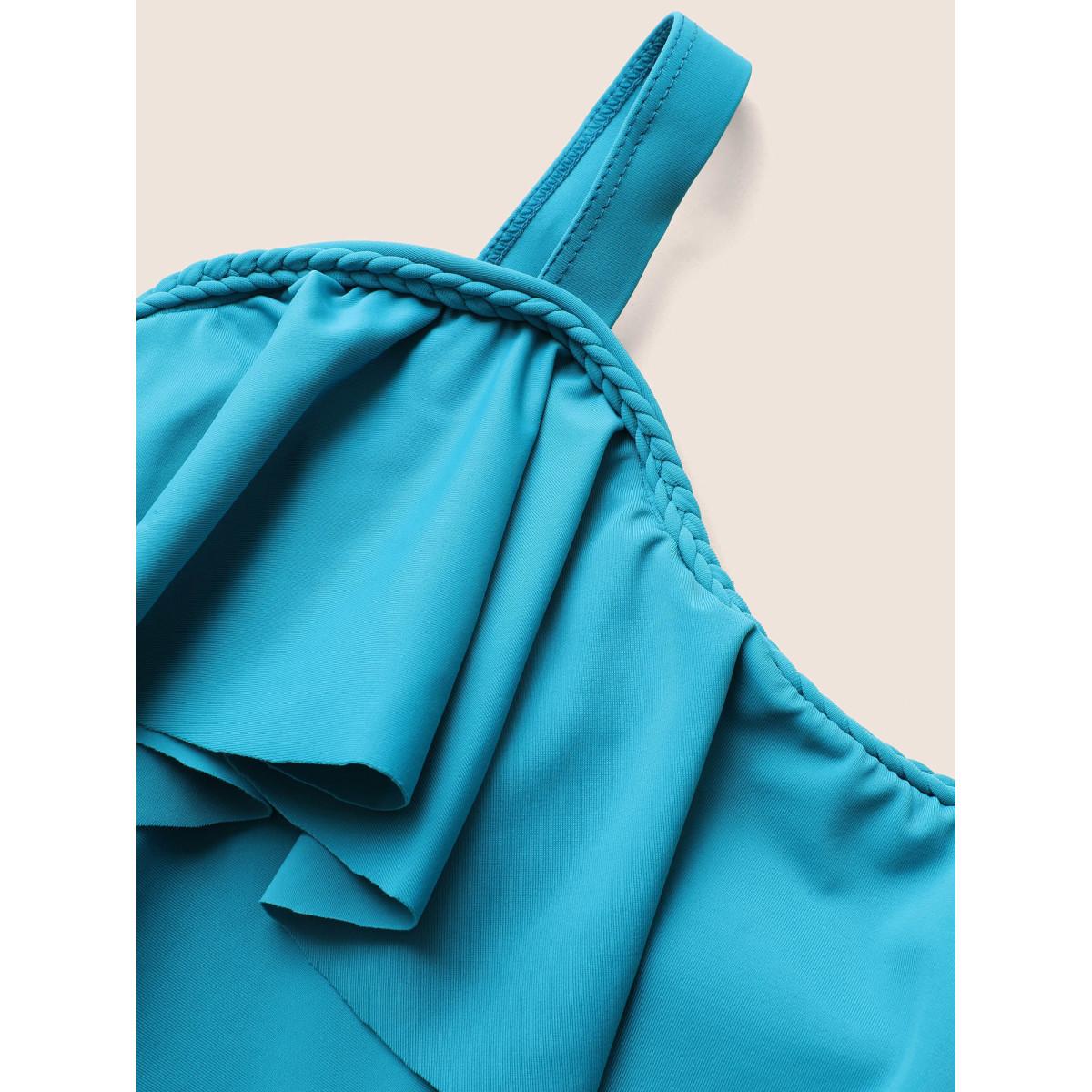 Plus Size Solid Ruffles Trim Adjustable Straps Swim Dress Women's Swimwear Teal Beach Bodycon Strapless High stretch Curve Swim Dresses BloomChic 30/6X Product Image