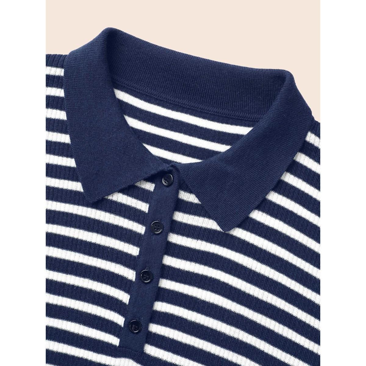 Plus Size Polo Neck Striped Button Up Pullover Midnight Women Workwear Essentials Long Sleeve Polo Work Pullovers BloomChic 22-24/3X Product Image
