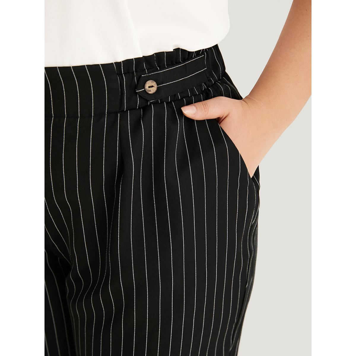 Plus Size Striped Button Detail Pocket Pleated Pants Women Black Office Straight Leg High Rise Office Pants BloomChic 30/6X Product Image
