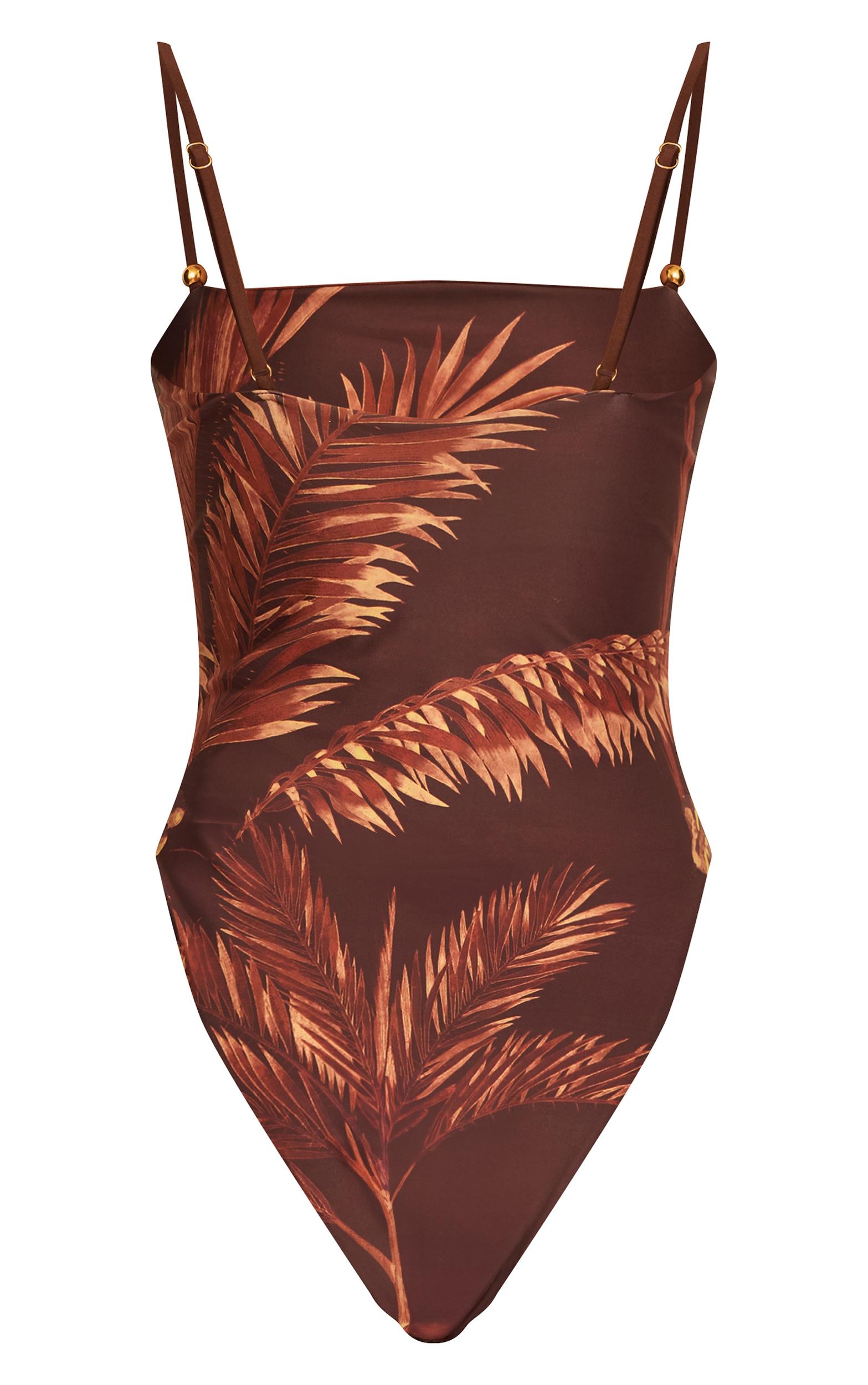 Chocolate Palm Print Strappy Swimsuit Product Image