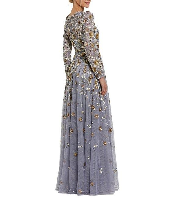 Mac Duggal Floral Beaded Crew Neck Long Sleeve Pleated Chiffon Gown Product Image