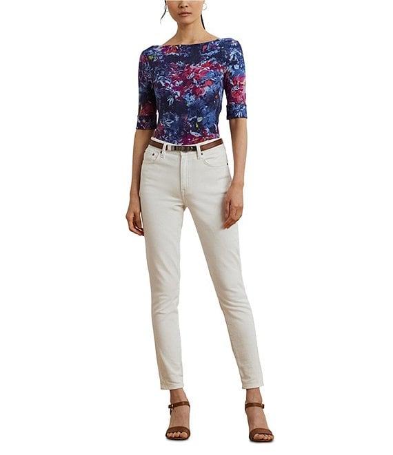 Lauren Ralph Lauren Printed Stretch Cotton Boat Neck Elbow Sleeve T-Shirt Product Image