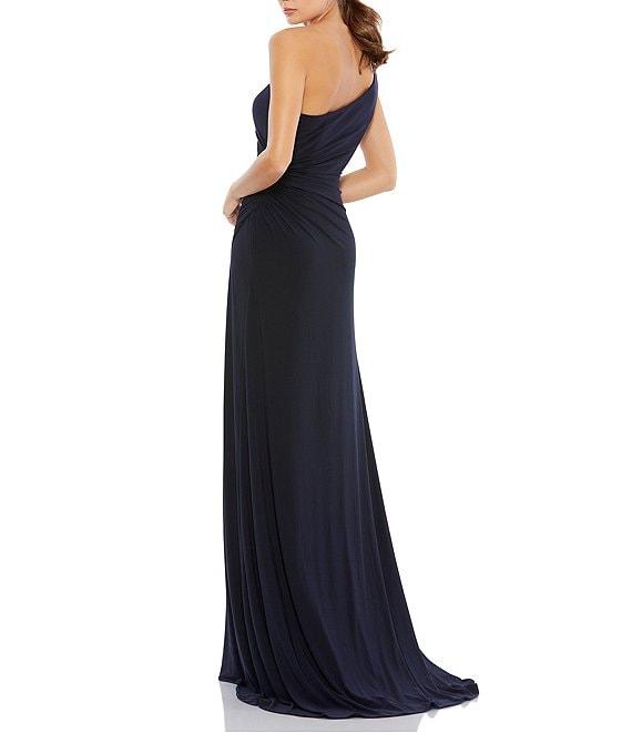 Mac Duggal Ruched Sleeveless One Shoulder Front Slit Sheath Gown Product Image