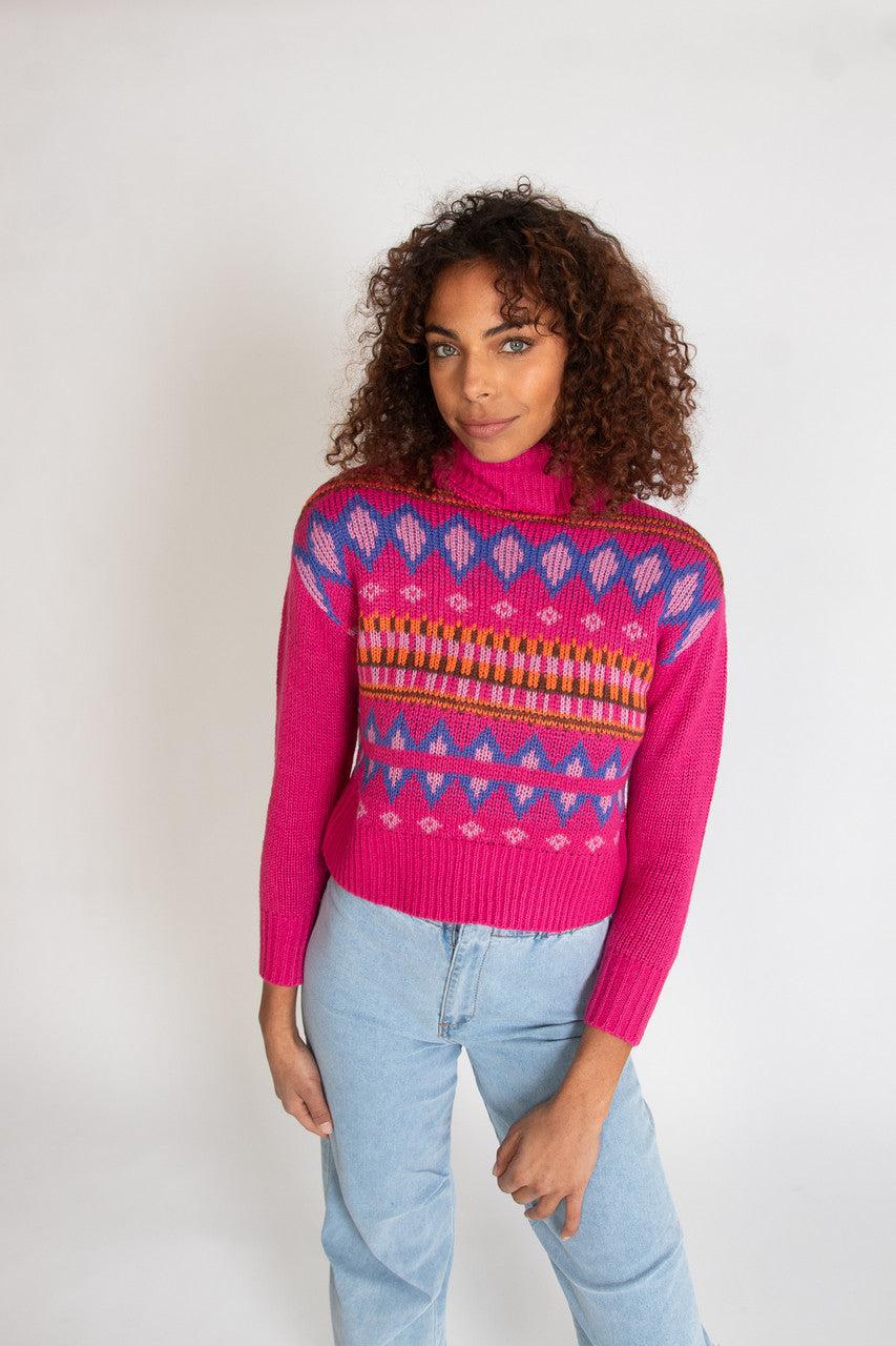 Fuchsia Fair Isle Turtleneck Sweater Product Image