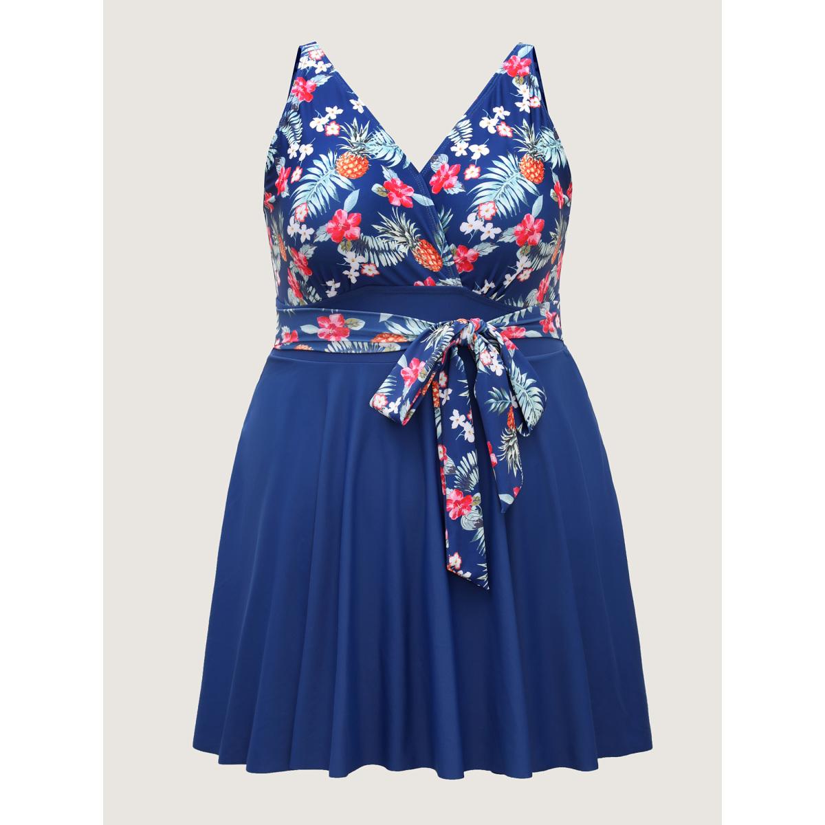 Plus Size Tropical Floral Print Waist-Tie Swim Dress Women's Swimwear Mediumblue Beach Bodycon Overlap Collar High stretch Curve Swim Dresses BloomChic 28/5X Product Image