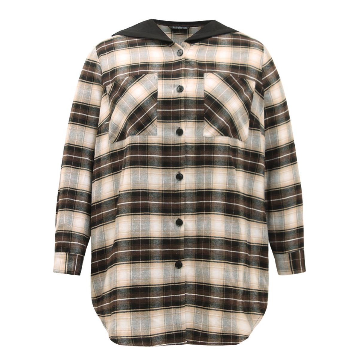Plus Size Plaid Button Up Hooded Patchwork Shacket Women DarkBrown Contrast Pocket Everyday Jackets BloomChic 14-16/1X Product Image