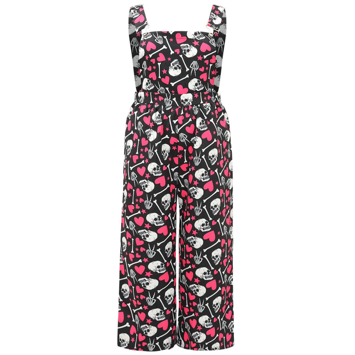 Plus Size Black Halloween Skull &Heart Print Pocket Gathered Jumpsuit Women Casual Sleeveless Spaghetti Strap Festival-Halloween Loose Jumpsuits BloomChic 18-20/2X Product Image