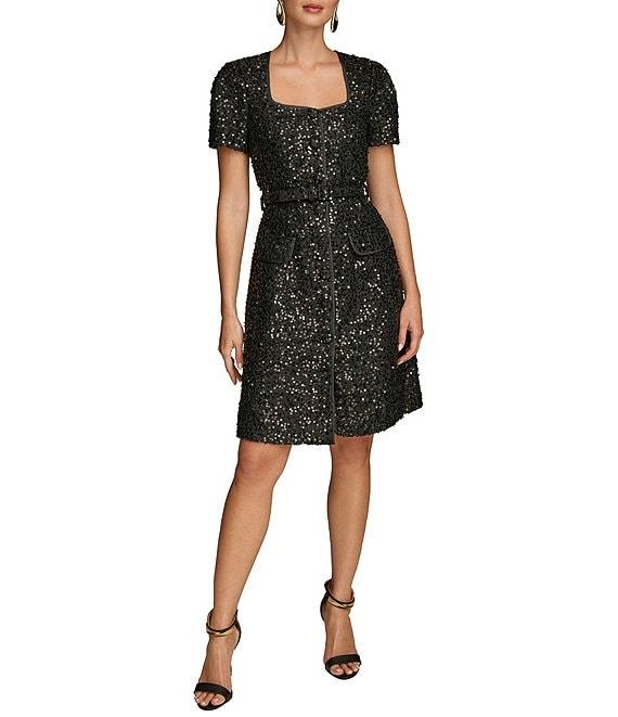 Donna Karan Sequin Tweed Square Neck Short Sleeve Belted Sheath Dress Product Image