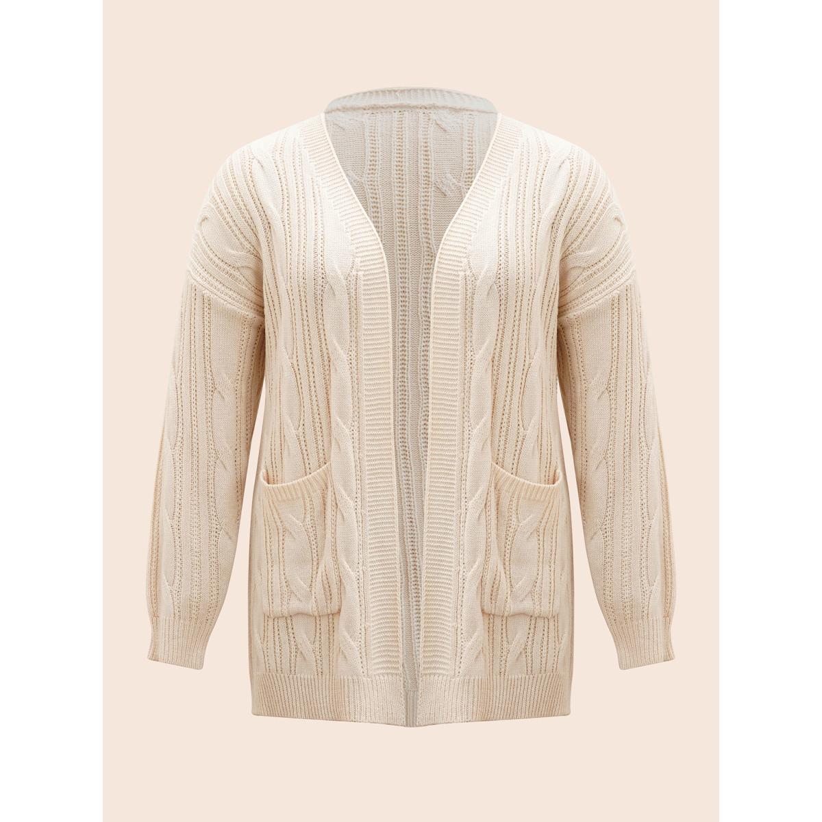 Plus Size Cable Knit Drop Shoulder Patch Pocket Cardigan Apricot Women Casual Loose Long Sleeve Everyday Cardigans BloomChic 10/M Product Image