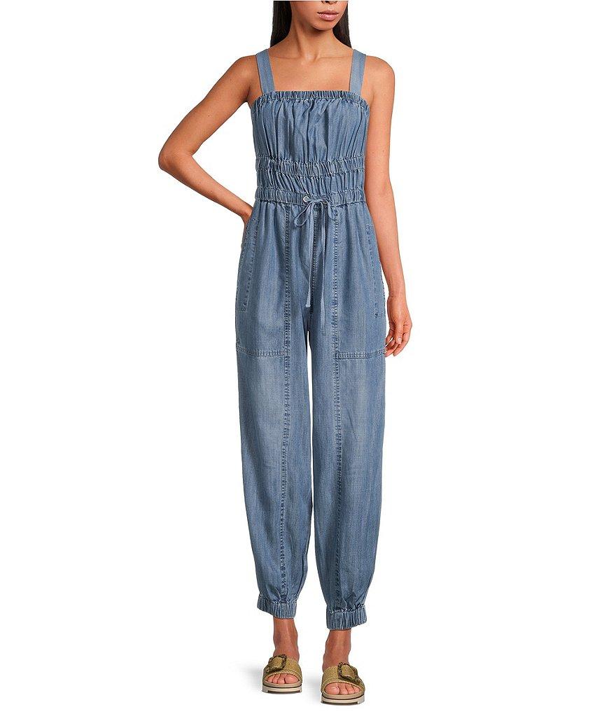 ELAN Woven Square Neck Sleeveless Tank Straps Drawstring Jogger Jumpsuit Product Image